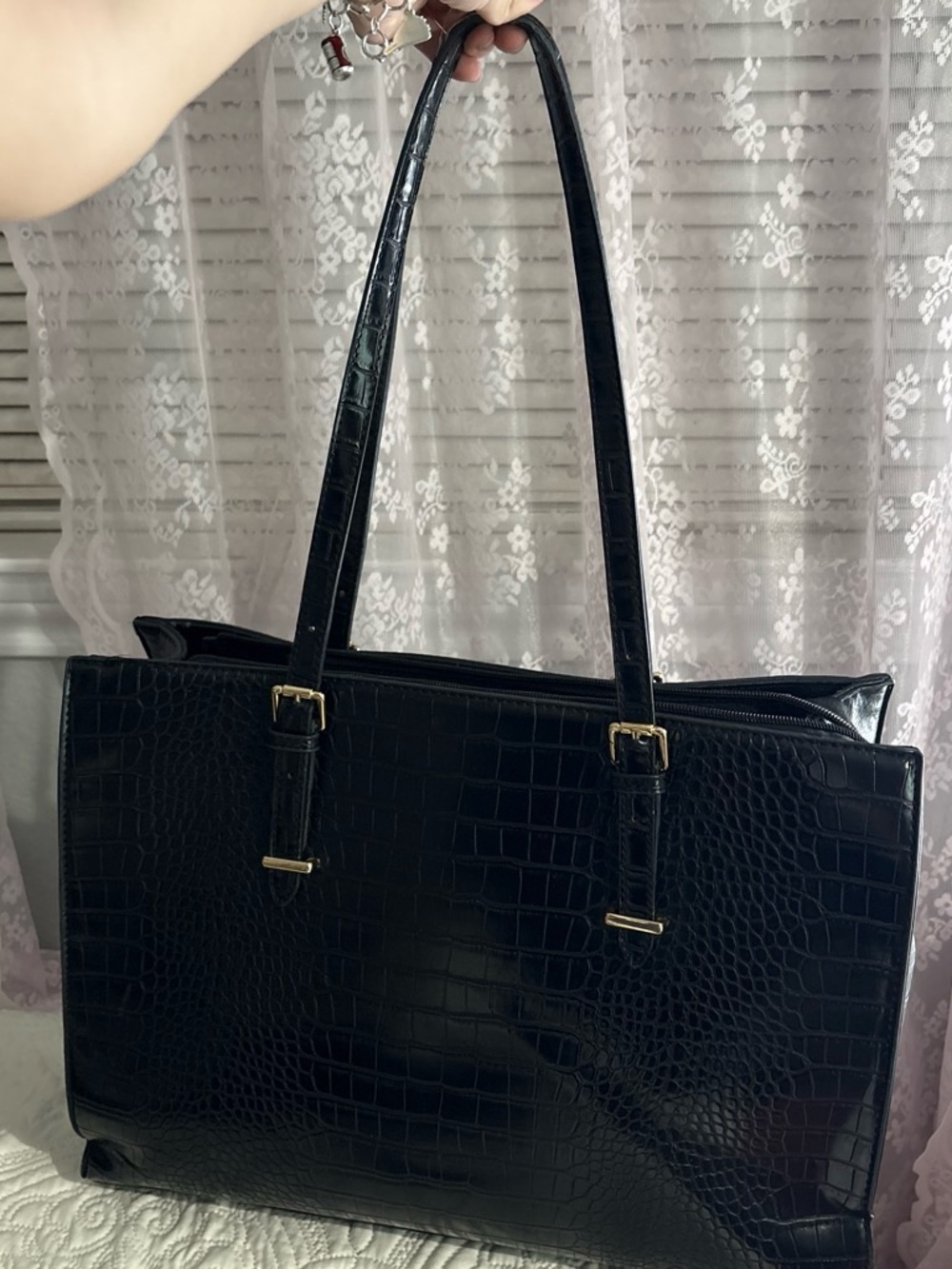 Classic Black Croc-Embossed Tote Bag - Women